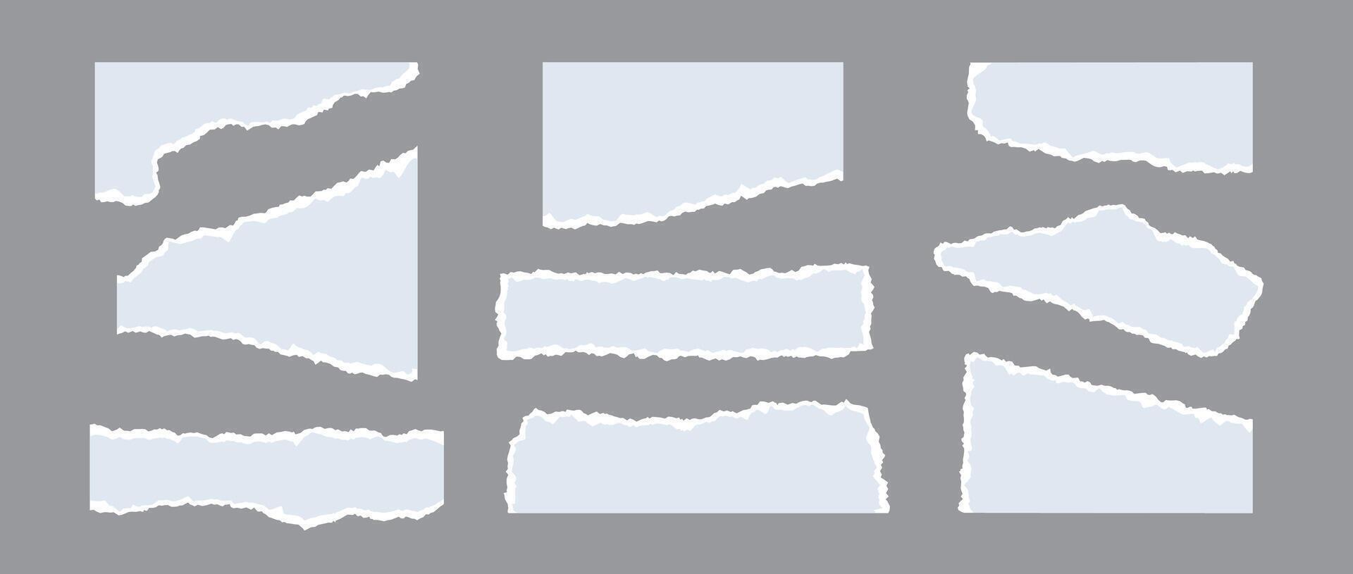 Light blue torn paper pieces collection. Shapes with jagged uneven edges. Ripped different paper fragment set. Textured grunge element bundle for collage, text box, banner, sticker, poster. vector