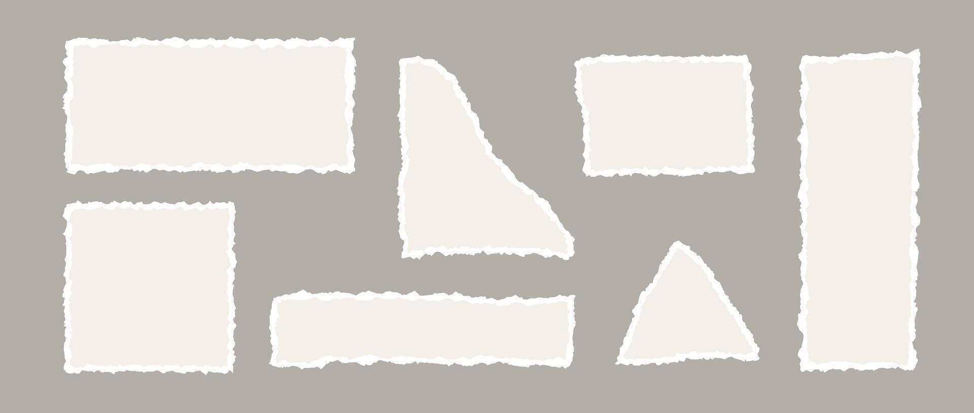 Beige torn paper pieces collection. Ecru shapes with jagged uneven edges. Ripped different paper fragment set. Textured grunge element bundle for collage, text box, banner, sticker, poster. vector
