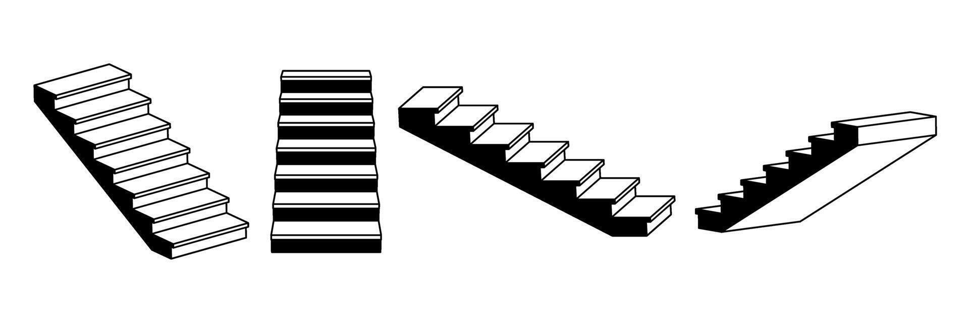 Outline linear stairway set. 3d staircase in different perspective. Black and white stair steps collection. Graphic design element pack concept for success, growth, promotion, progress. vector