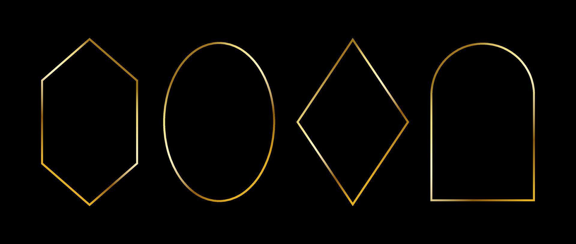 Golden thin frames set. Gold geometric borders in art deco style. Thin linear diamond, ellipse, arch, rhombus collection. Yellow glowing shiny boarder element pack. Bundle for photo, cadre vector