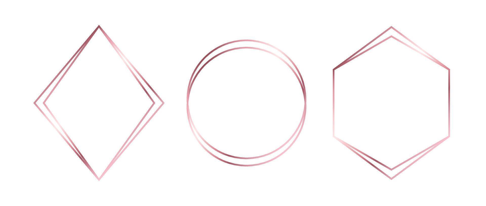 Rose gold thin frames set. Pink gold geometric borders in art deco style. Thin linear diamond, circle, hexagon collection. Foil glowing shiny boarder element pack. Photo, cadre, decor bundle vector