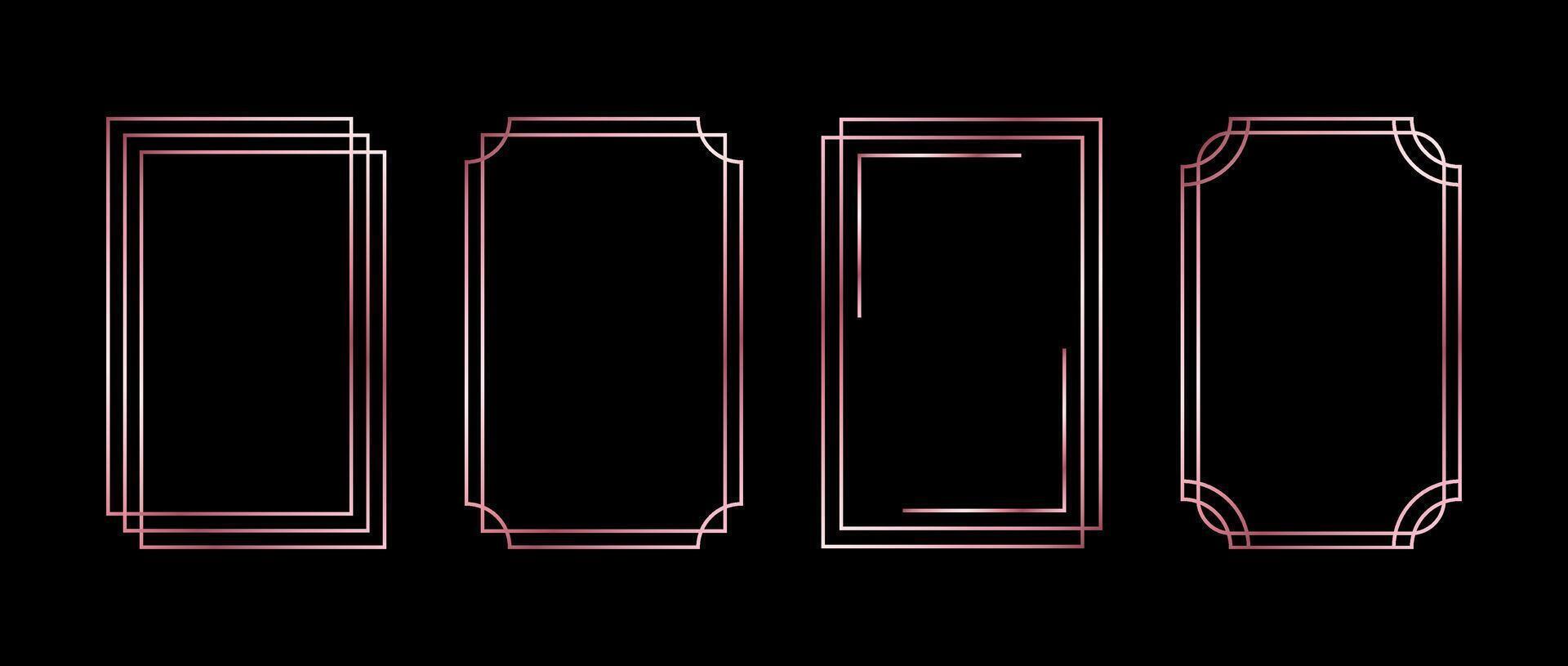 Rose gold thin frame set. Pink golden geometric borders. Thin linear radiance rectangular shape collection. Art deco glowing shiny boarder element pack. Bundle for photo, cadre, poster, decor vector