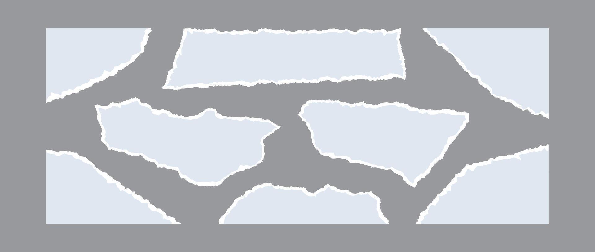 Light blue torn paper piece collection. Shapes with jagged uneven edges. Ripped different paper fragment set. Textured grunge element bundle for collage, text box, banner, sticker, poster. vector