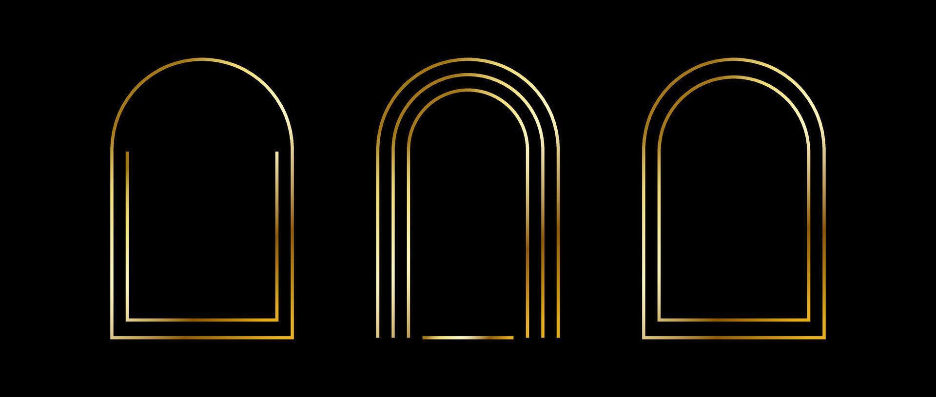Golden thin arc frame set. Gold geometric borders in art deco style. Thin linear arch and curved shape collection. Yellow glowing shiny boarder element pack. Bundle for photo, cadre, poster vector
