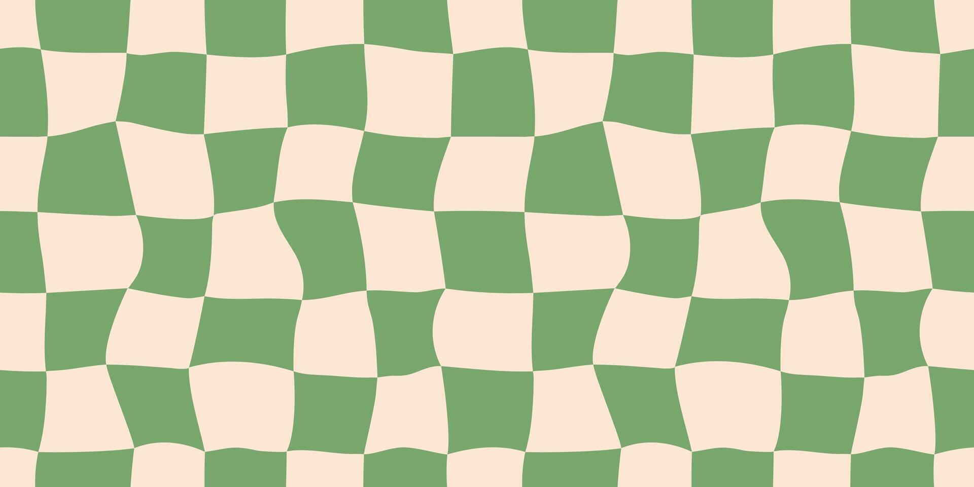 Seamless green checkerboard pattern. Repeating distorted checkered texture. Groovy trippy abstract background. Vintage retro style wallpaper for textile, fabric, wrapping paper. Check surface vector