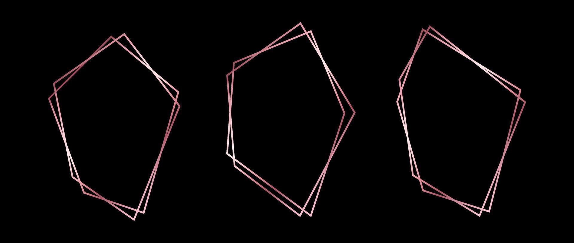Rose gold thin frame set. Pink gold foil geometric borders in art deco style. Thin linear irregular square elements. Glowing shiny boarder element pack. Bundle for photo, cadre, decoration vector