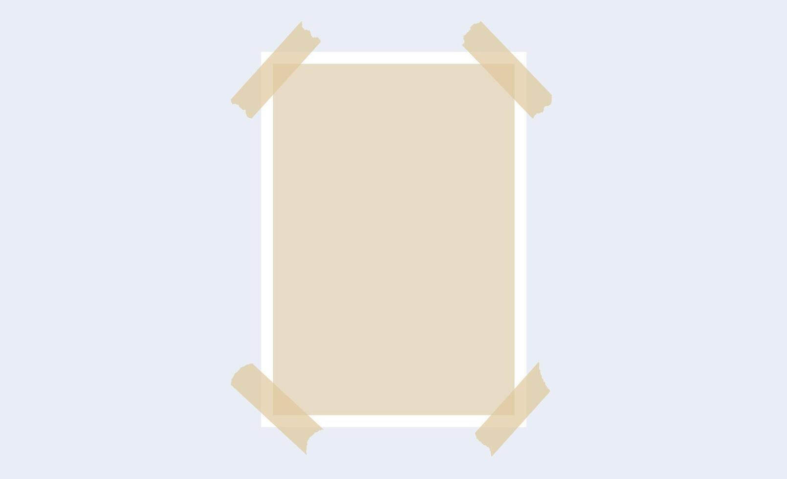 Image frame glued on adhesive tape. Photo template for mockup, poster design, banner, flyer, brochure, mood board, photo album. Empty beige rectangle paper note piece. Blank memo vector