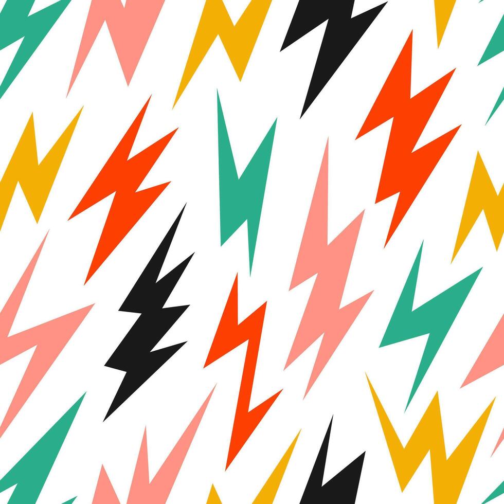 Colorful lightning bolts seamless pattern. Yellow, red, green and black thunder bolt repeating background. Storm and lightning strike ornament wallpaper. Cartoon repeated backdrop vector