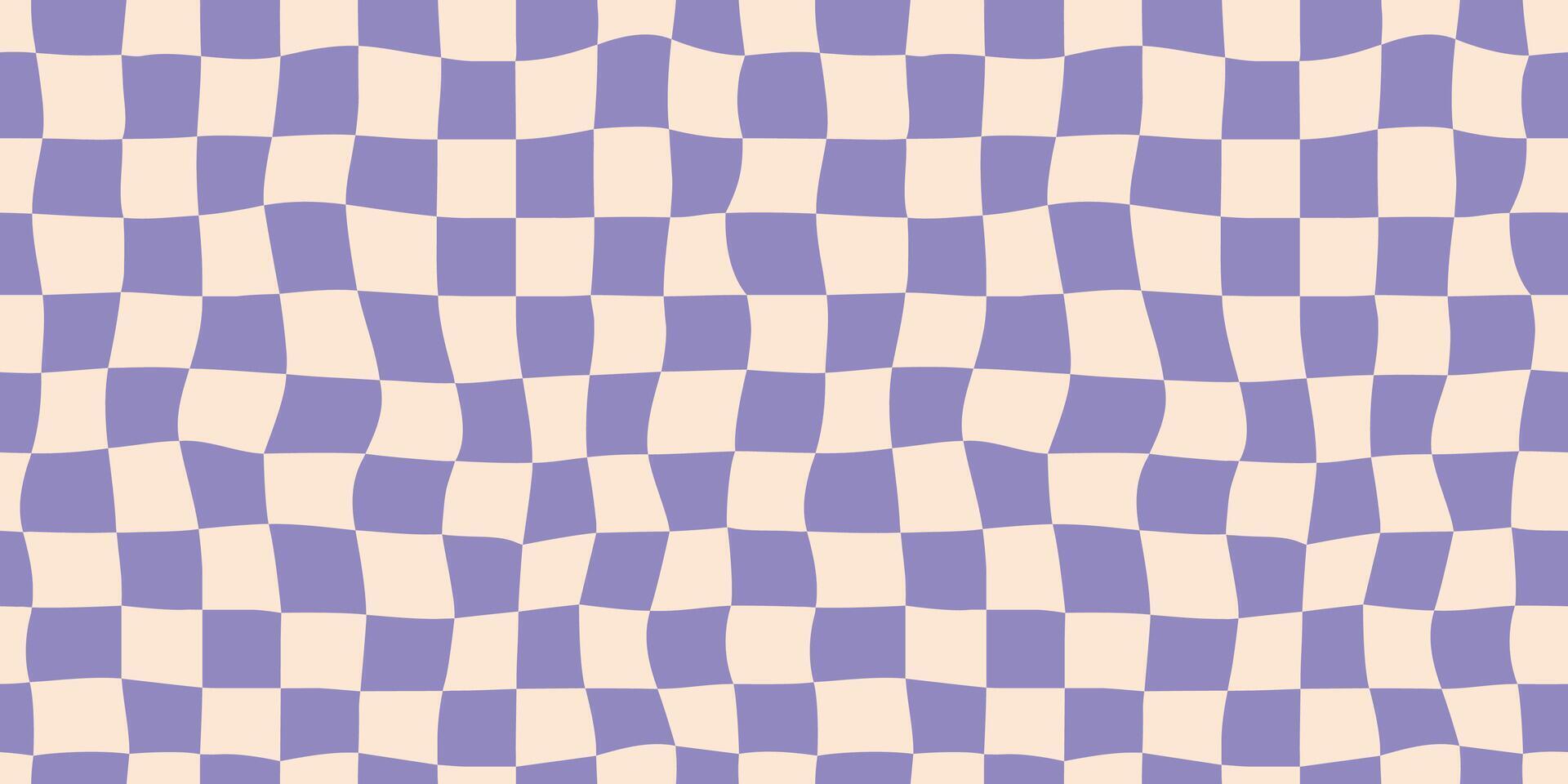 Seamless purple checkerboard pattern. Repeating distorted checkered texture. Groovy trippy abstract background. Vintage retro style wallpaper for textile, fabric, wrapping paper. Check surface vector