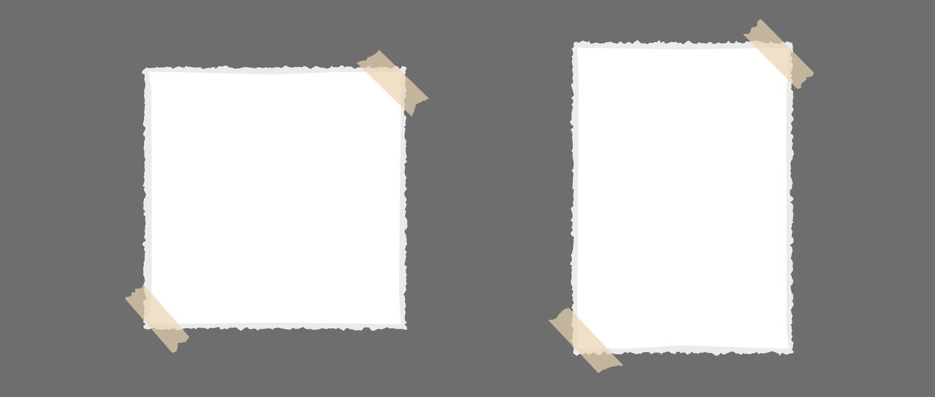 Ripped paper glued on adhesive tape. Jagged templates for mockup, poster design, banner, flyer, brochure, mood board, photo album. Empty craft rectangle and square paper note pieces. Blank memo vector