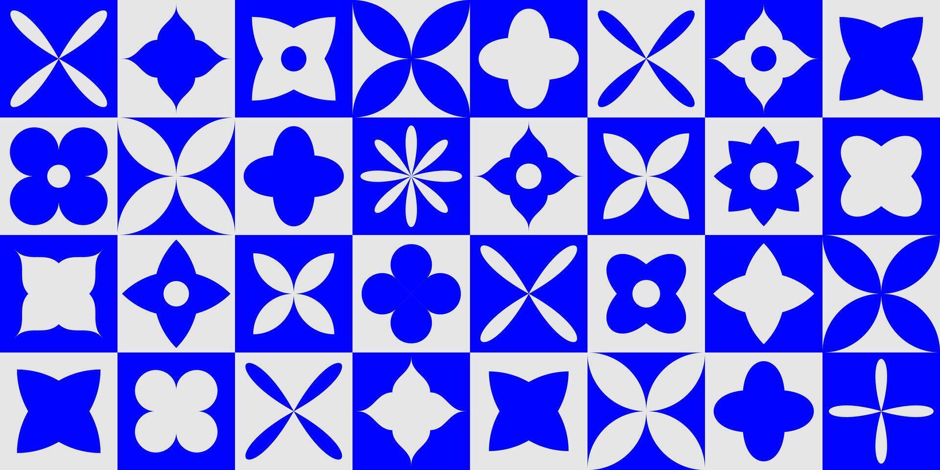 Seamless abstract flower shape pattern. Bold Swiss mosaic block forms in repeating background. Blue and grey graphic design floral elements for poster, cover, presentation, print, banner. vector