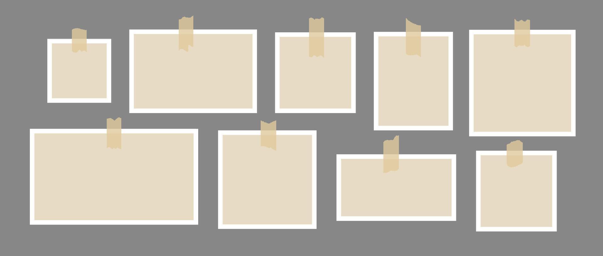 Set of photo frames glued on adhesive tape. Mood board template for mockup, poster design, banner, flyer, brochure. Empty square and rectangle paper note pieces collection. Blank memo pack vector