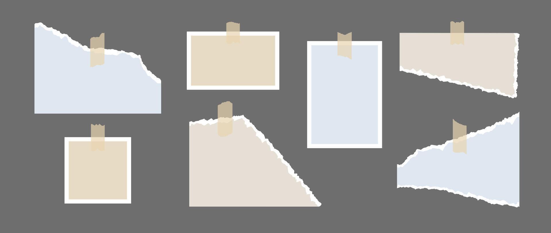 Set of image frames and torn paper glued on adhesive tape. Mood board template for mockup, poster design, banner, flyer, brochure. Empty jagged edge paper pieces collection. vector