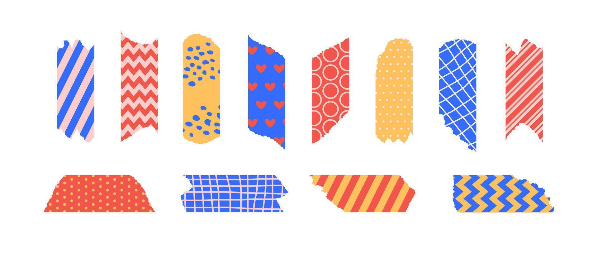 Patterned masking tape piece set. Decorative scotch stripes with torn jagged edges. Plastic duct tape band collection. Sticky adhesive washi stripes for package wrap, blank tag, label, sticker vector