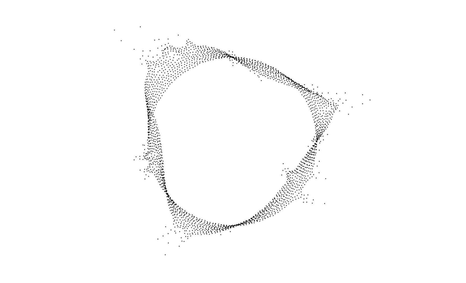 Black dotted wavy lines with dissolve effect. Stipple disintegrating curved circle or ring. Halftone textured sphere with noise grain. Round grunge particles or speckles. Dispersing dot work. vector