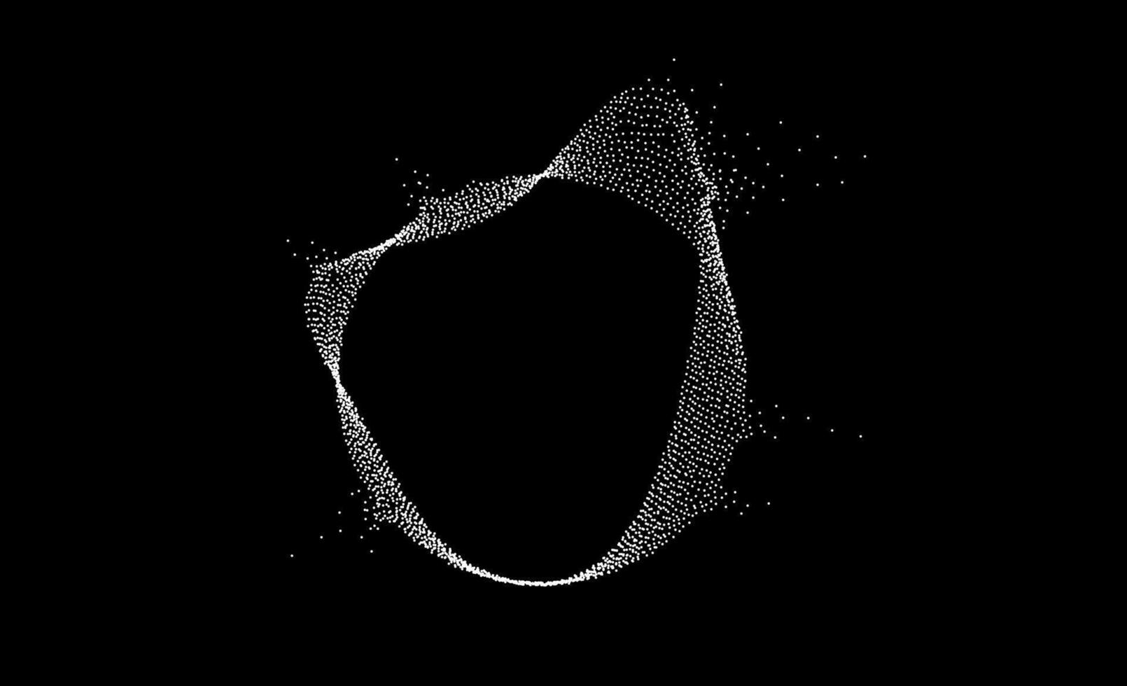 White dotted wavy dissolving lines. Stipple disintegrating curved circle on black background. Halftone textured sphere with noise grain. Radial grunge particles or speckles. Dot work bubble. vector