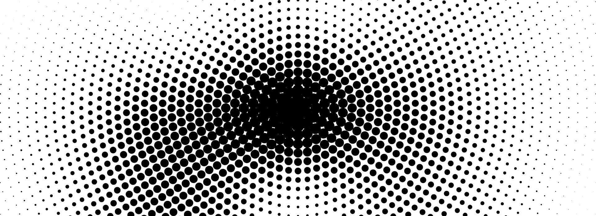 Radial halftone grunge fading texture. Vanishing dotted circle line background. Black pop art gradient backdrop. Retro old comic cartoon noise for poster, overlay, cover, print. Grain wallpaper vector