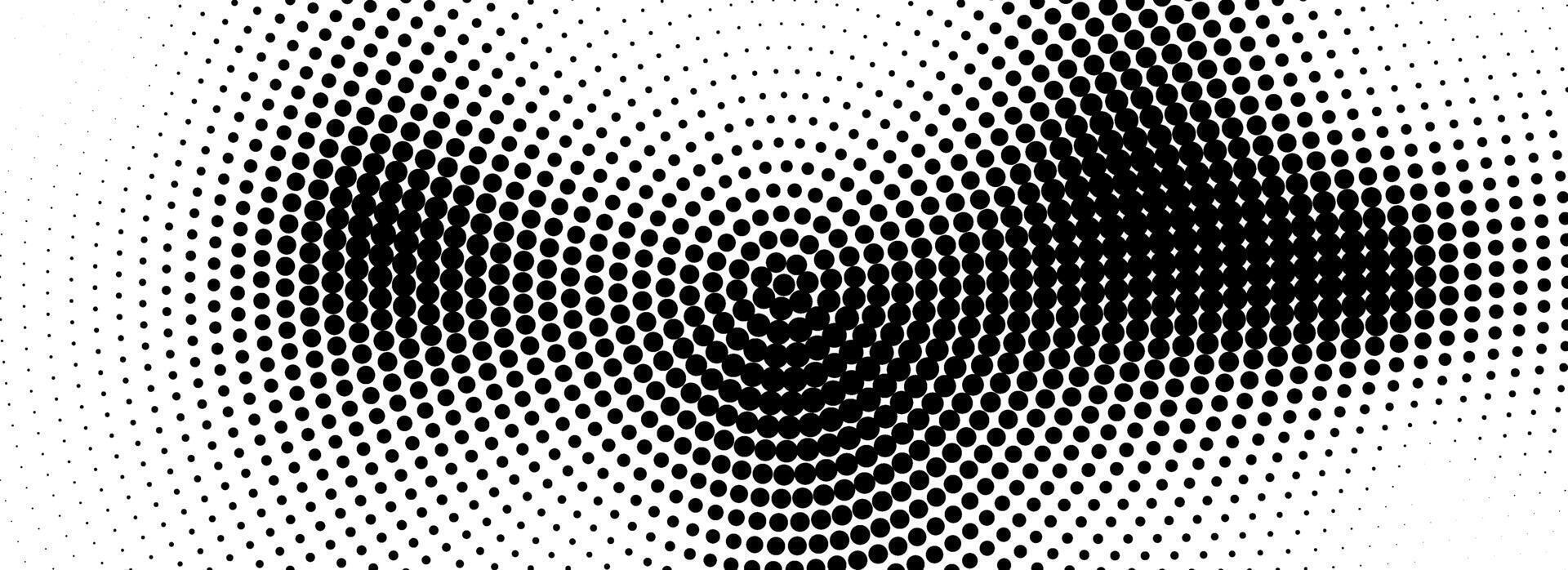 Radial halftone grunge fading texture. Vanishing dotted circle line background. Pixel pop art gradient backdrop. Retro comic cartoon noise for poster, overlay, cover, print. Grain wallpaper vector