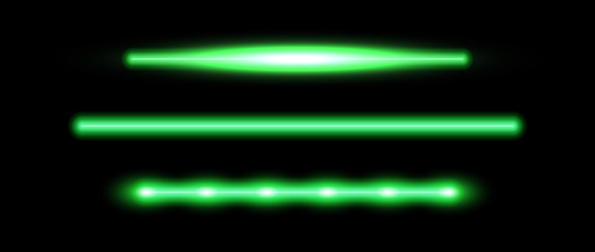 Green neon tube lamp set. Glowing led light line beam collection. Bright luminous fluorescent bar stick lines. Shining strip element pack to divide, separate, decorate. vector