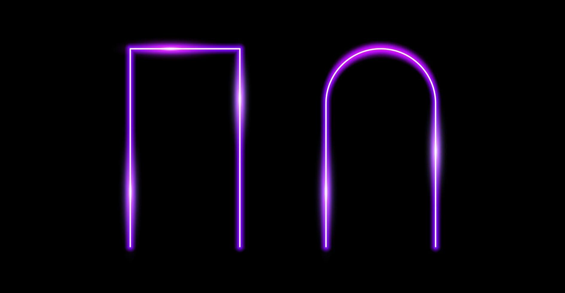 Glow neon rectangular and arch frames. Purple shining borders. Light portal doors concept. Gold rectangular and curved arc border with flares. Design element for poster, banner, game, brochure vector