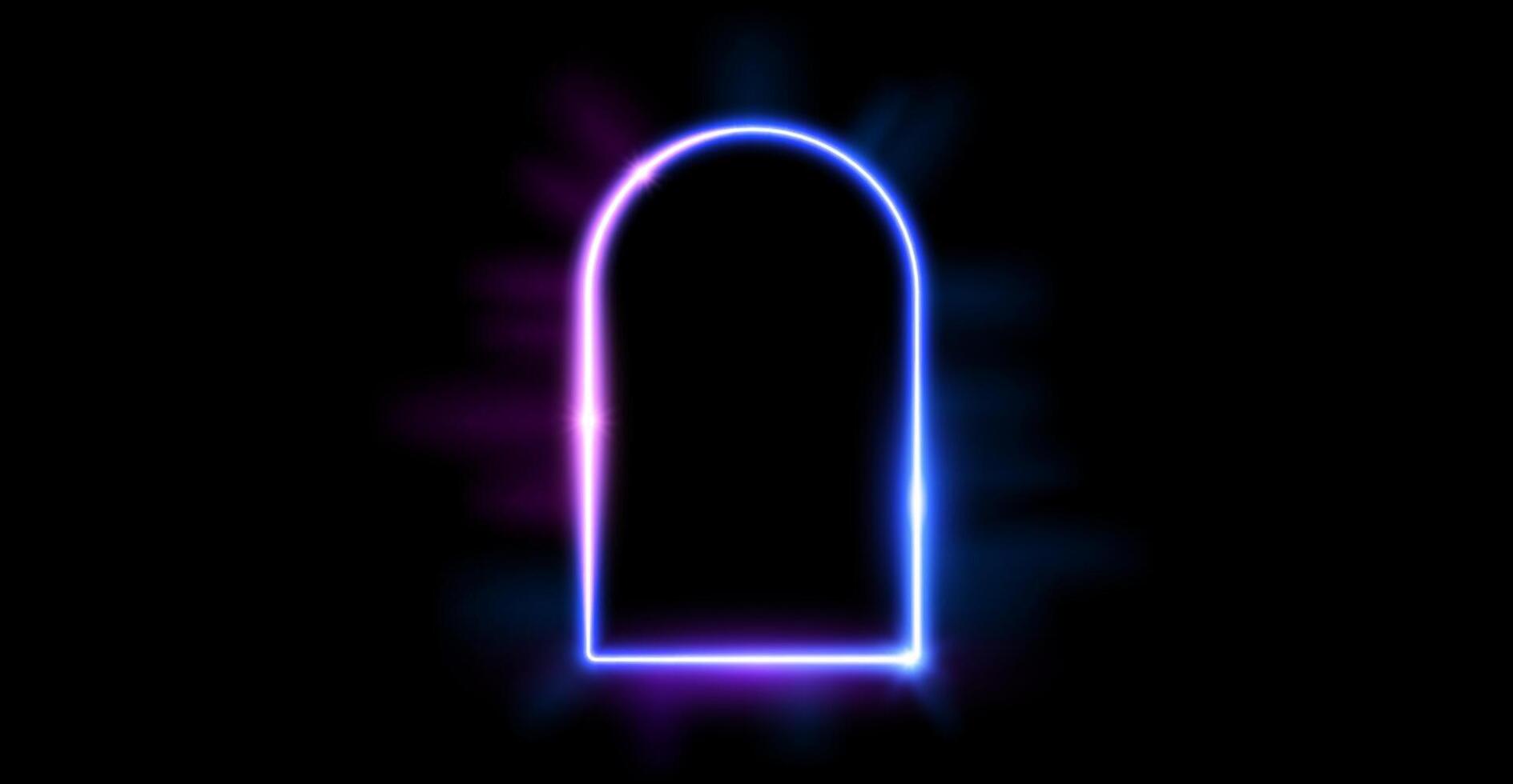 Glowing neon curved frame. Blue purple shining arch border. Neon light portal door concept. Rectangular arc border with flares. Morden design element for poster, banner, game, interface. vector