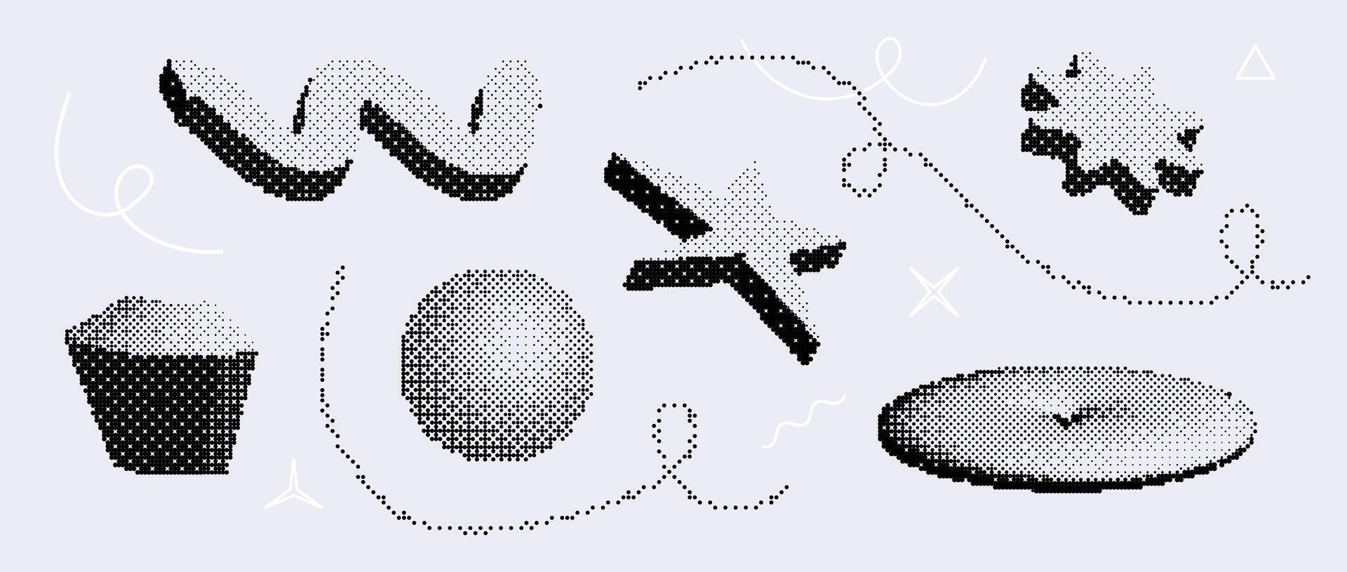 Bitmap pixelated shape set. Dither halftone geometric object collection. Black sphere, disk, star, sparkle, wave elements for banner, poster, leaflet. Pixel 3d raster effect bundle. vector
