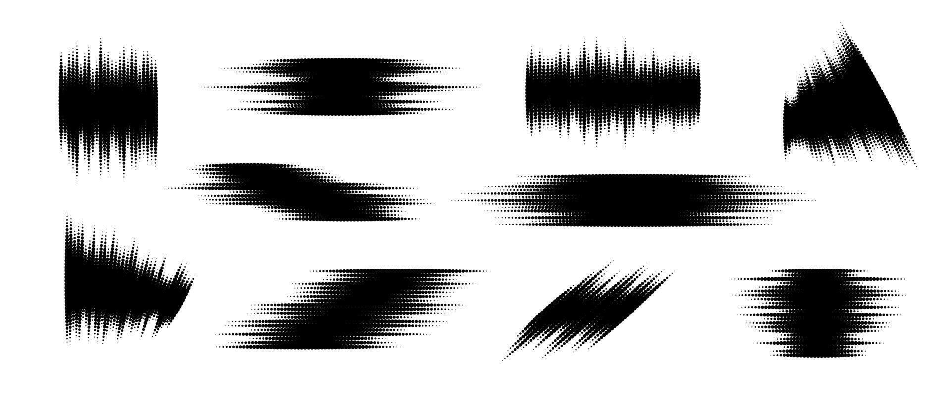 Halftone glitch element set. Dotted textured random form collection. Grunge abstract halftone spikey shapes for print, banner, poster, collage, overlay, label, tag. Distressed grunge pack vector