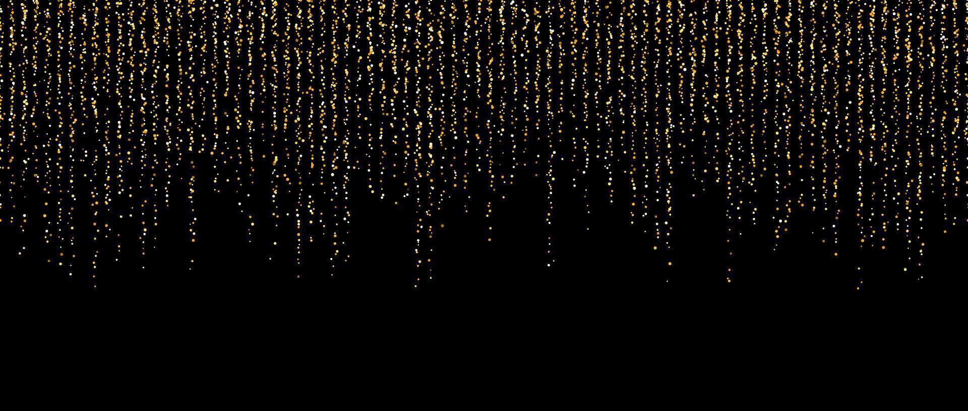 Golden confetti garland on dark background. Falling gold glitter and sparkle wallpaper. Yellow and golden shining dots repeating pattern. Magic dust sparkling decoration for Christmas. vector