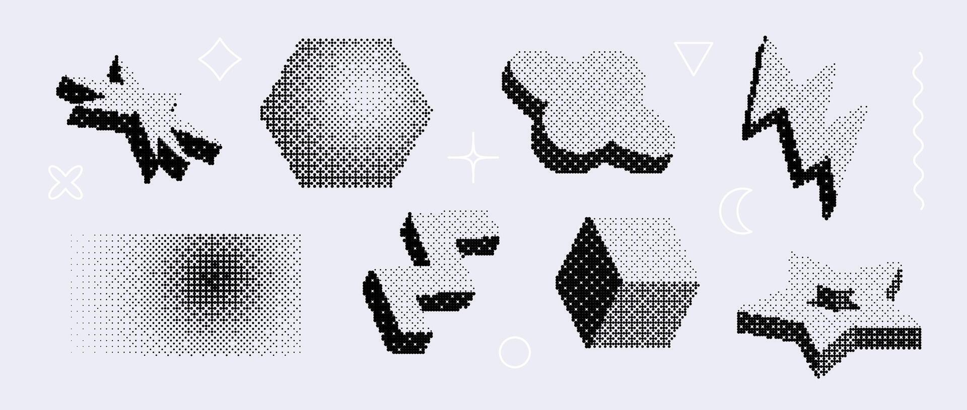 Bitmap textured shape set. Dither halftone geometric object collection. Black cube, zigzag, star, bolt, flower, hexagon elements for banner, poster, leaflet. Pixel 3d raster effect bundle. vector