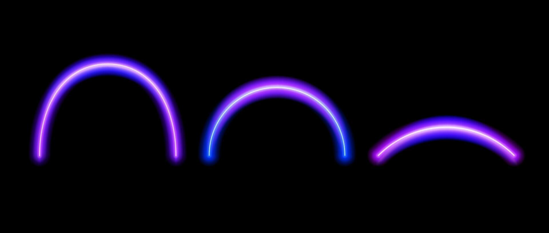 Purple neon glowing arc set. Shining arch shapes collection. Luminous curved lines with flare on dark background. Magic shiny arcs bundle for poster, flyer, brochure. pack vector