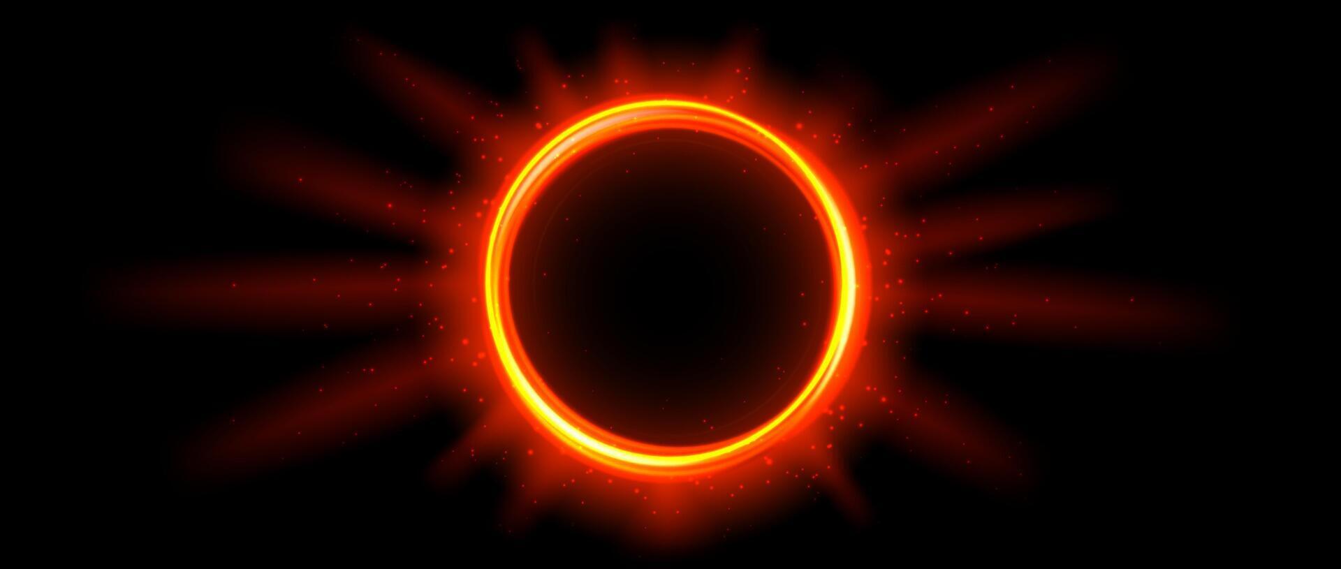 Red orange glowing portal concept. Neon hologram teleport gate on black background. Circle digital aura with beams and sparkles. Round hot flare template for game, ui, interface. vector