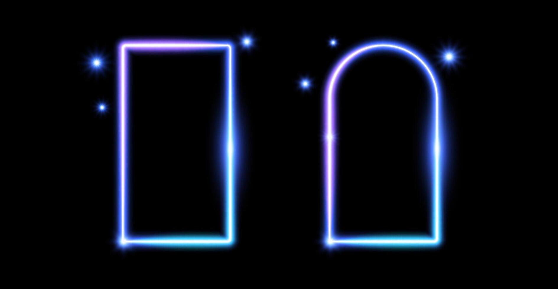 Glow neon rectangle and arch frames. Blue light shining borders. Neon portal doors concept. Rectangular and curved arc border with flares and sparkles. Design element for poster, banner, game. vector