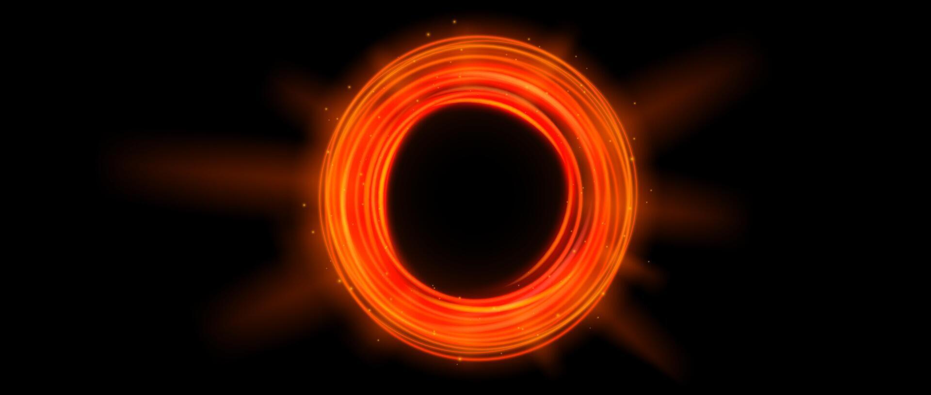 Red orange glowing portal concept. Neon hologram teleport gate on black background. Fiery circle swirl aura with beams and sparks. Round hot flare template for game, ui, interface. vector