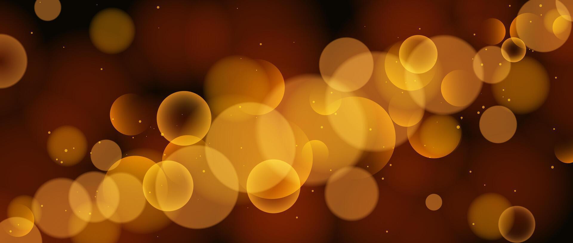 Warm circle bokeh wallpaper. Orange yellow color blur effect on black background. Shiny golden light sparkle texture. Blurry backdrop for Christmas decoration, card, poster, banner, flyer vector