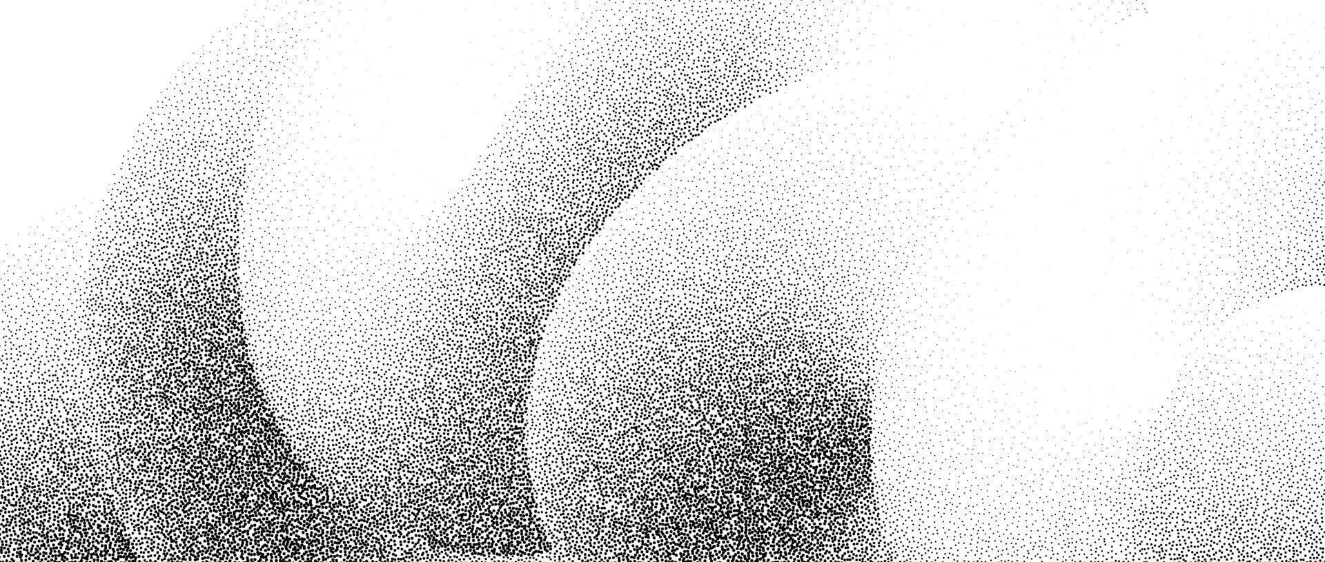 Stippled wavy sand grain background. Grunge curved gradient wave. Gritty noise dotwork wallpaper. Black dots, speckles, particles or granules texture. Abstract fluid gritty backdrop overlay vector