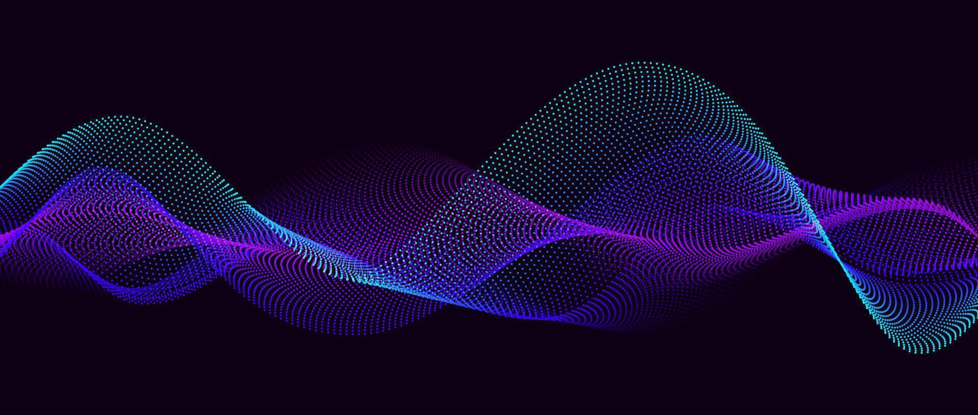 Neon flowing wavy dot lines on black background. Abstract sound wave design for ai concept, equalizer, audio record, voice assistant. Blue green purple gradient dashed curve stripes. vector