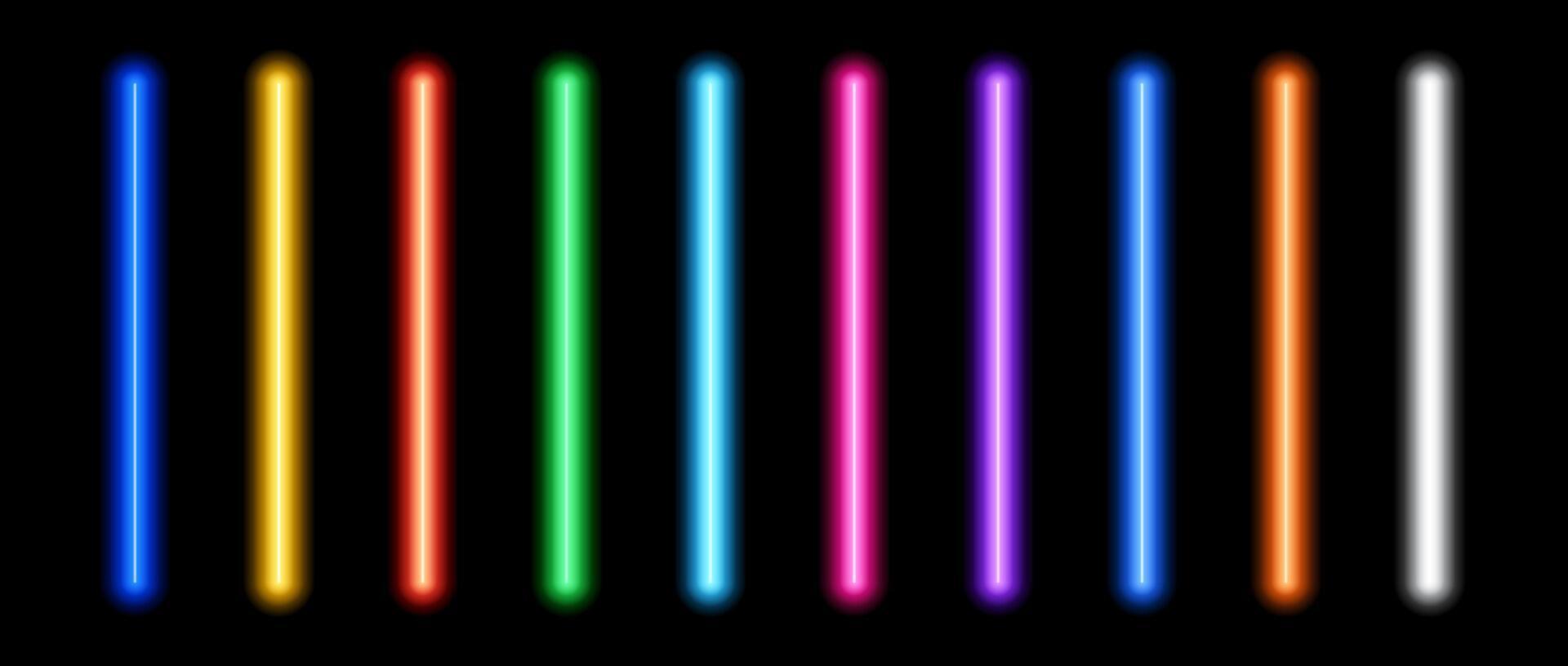 Glowing neon tube lamp set. Led light line beam collection. Bright luminous fluorescent bar stick lines. Shining colorful strip element pack to divide, separate, decorate. Illustration bundle vector