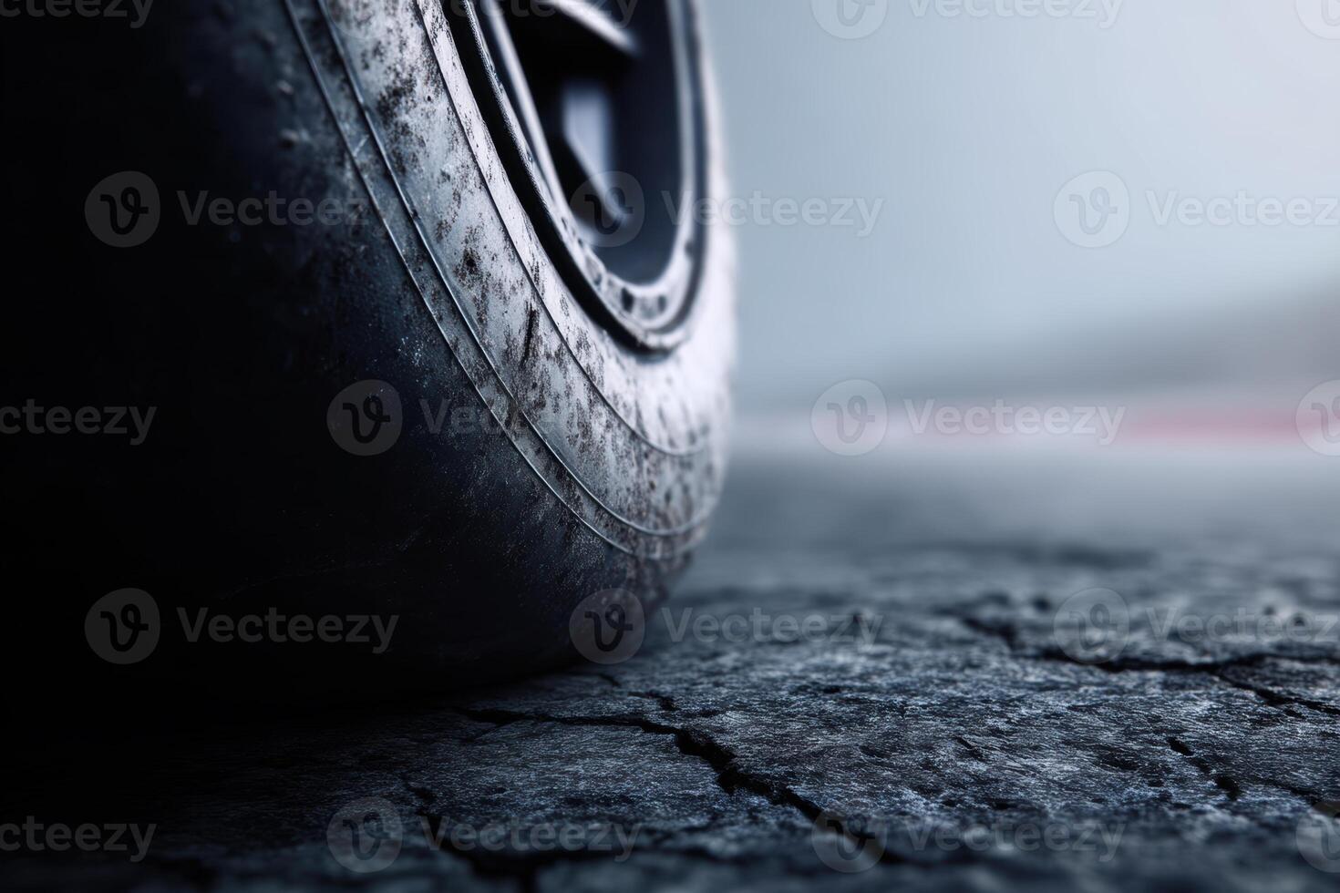 Close-up on worn Race Car Tire on Cracked Asphalt during an Afternoon at the Racetrack photo