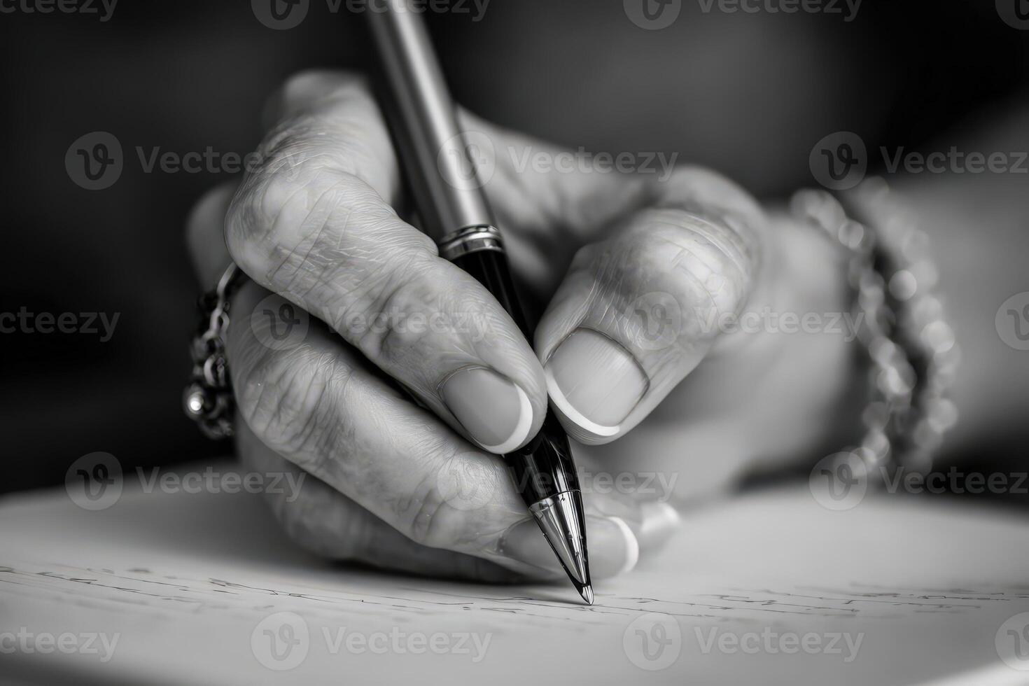 Hand writing on paper with pen in monochrome style photo