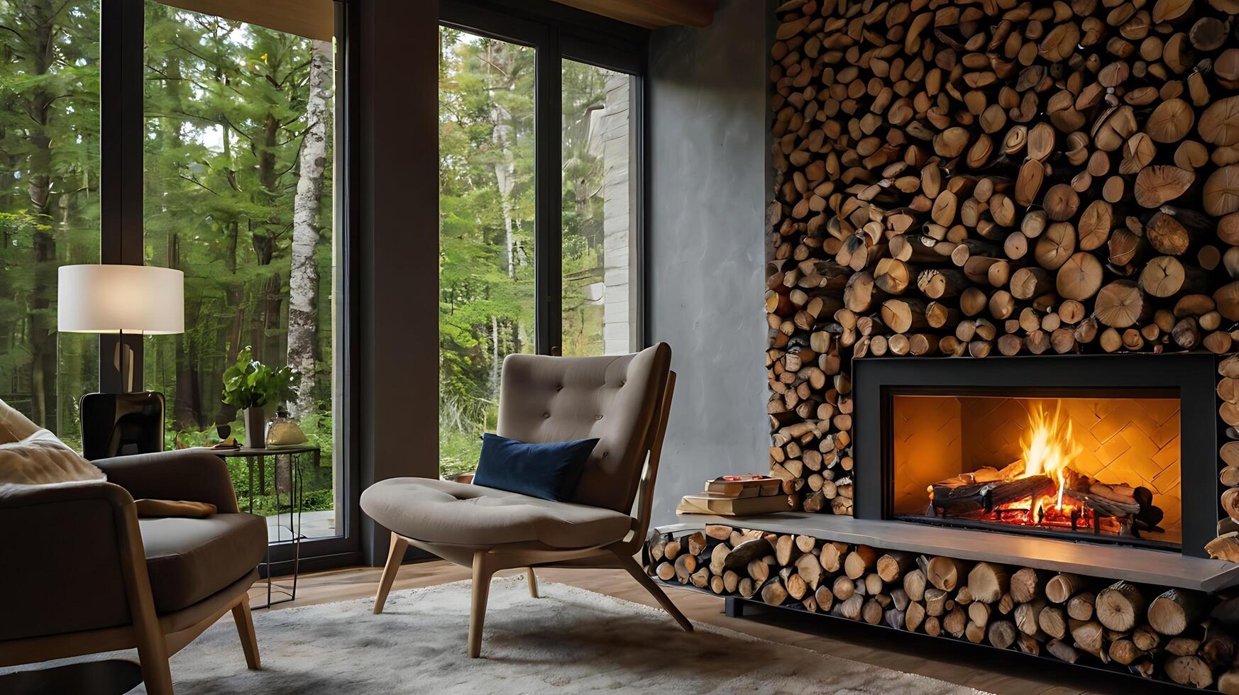 Cozy Interior Design Featuring a Fireplace with Woodpile Decoration photo