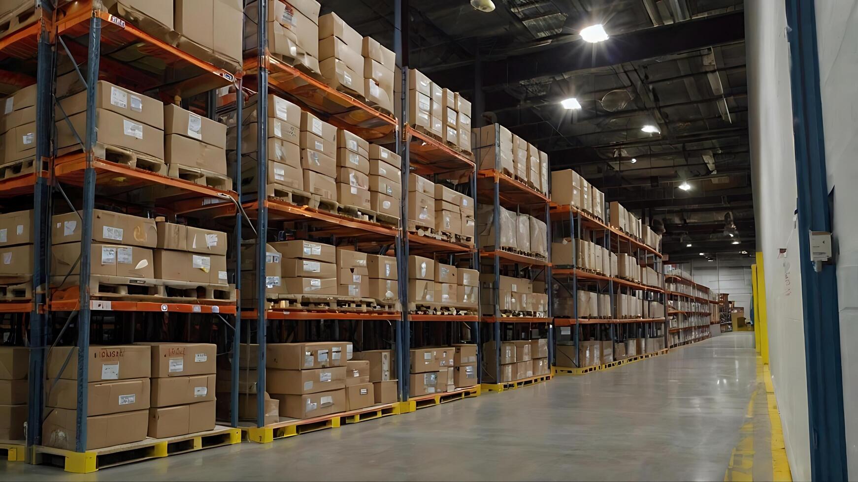 Rows of Cardboard Boxes Stacked on Shelves in a Large Warehouse photo