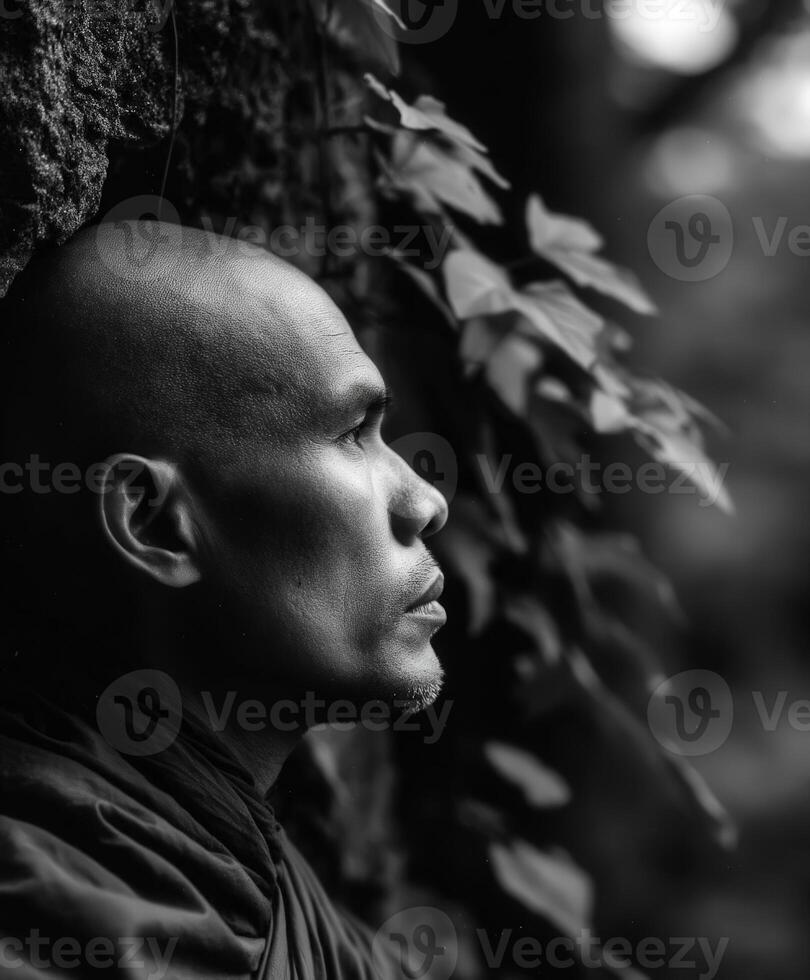 Portrait of a monk leaning against a tree in the forest photo