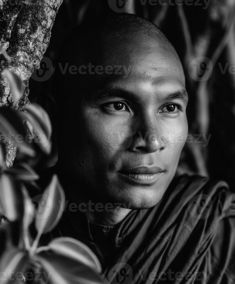 Portrait of a serene Buddhist Monk near Foliage in Myanmar photo
