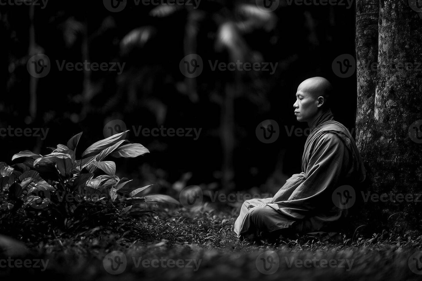 Monk meditates under a tree in a peaceful forest setting photo