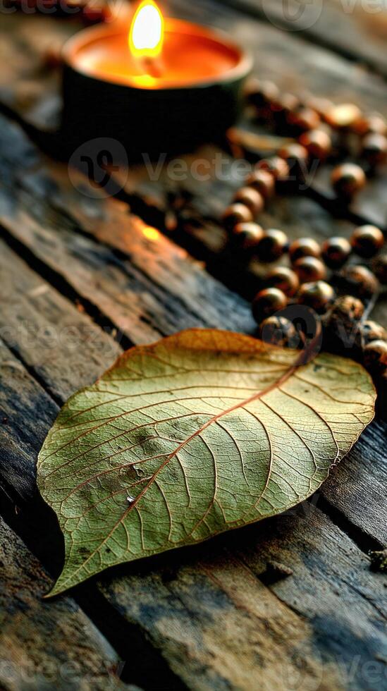 Fallen leaf and prayer beads adorn weathered wood with burning candle photo