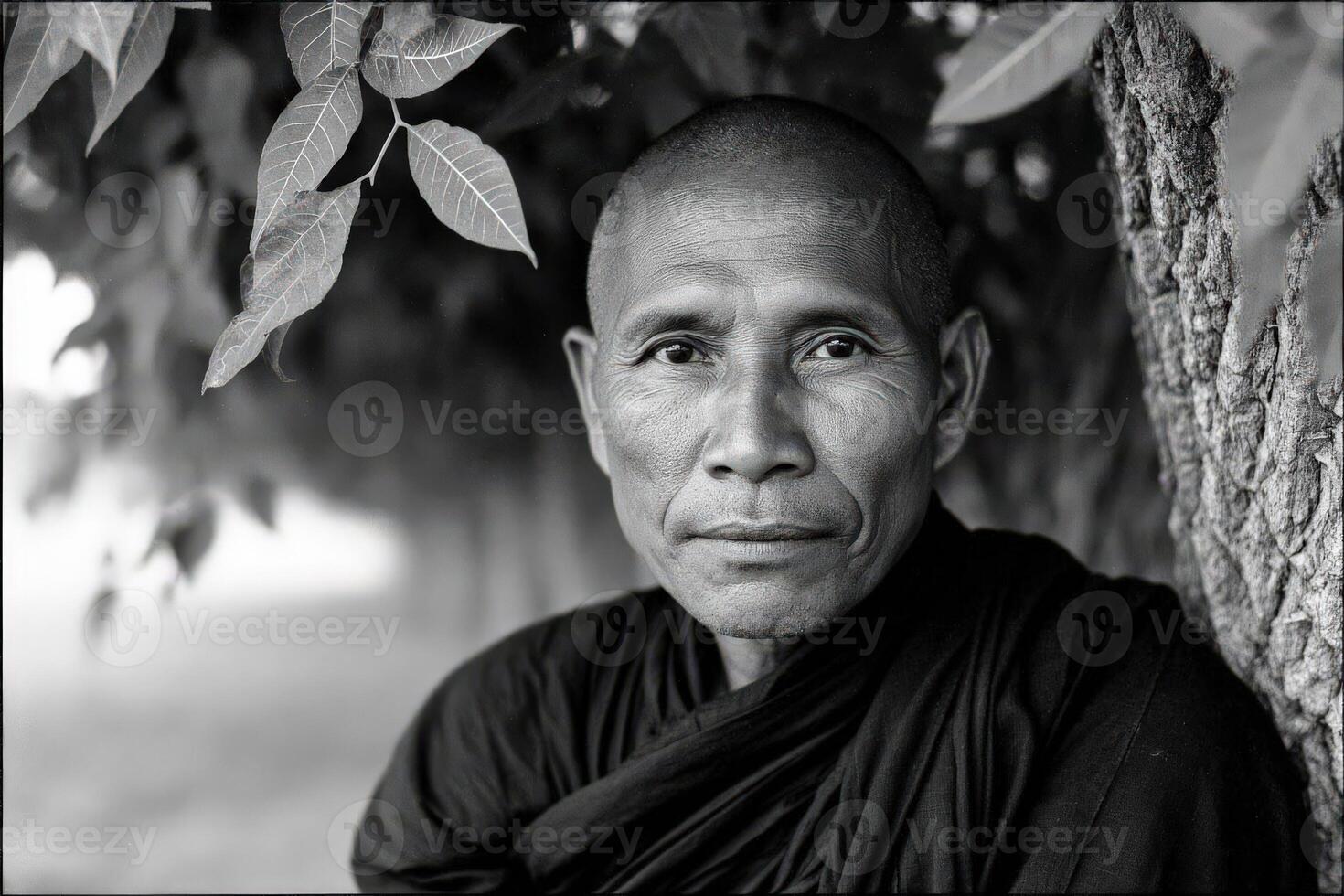 Portrait of a buddhist monk near tree in south east asia photo