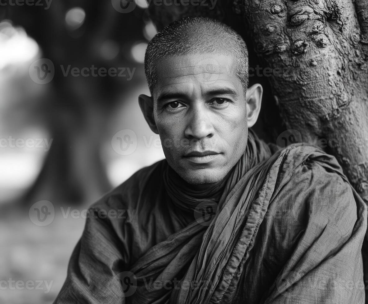 Portrait of contemplative Monk leaning against old tree in daytime photo