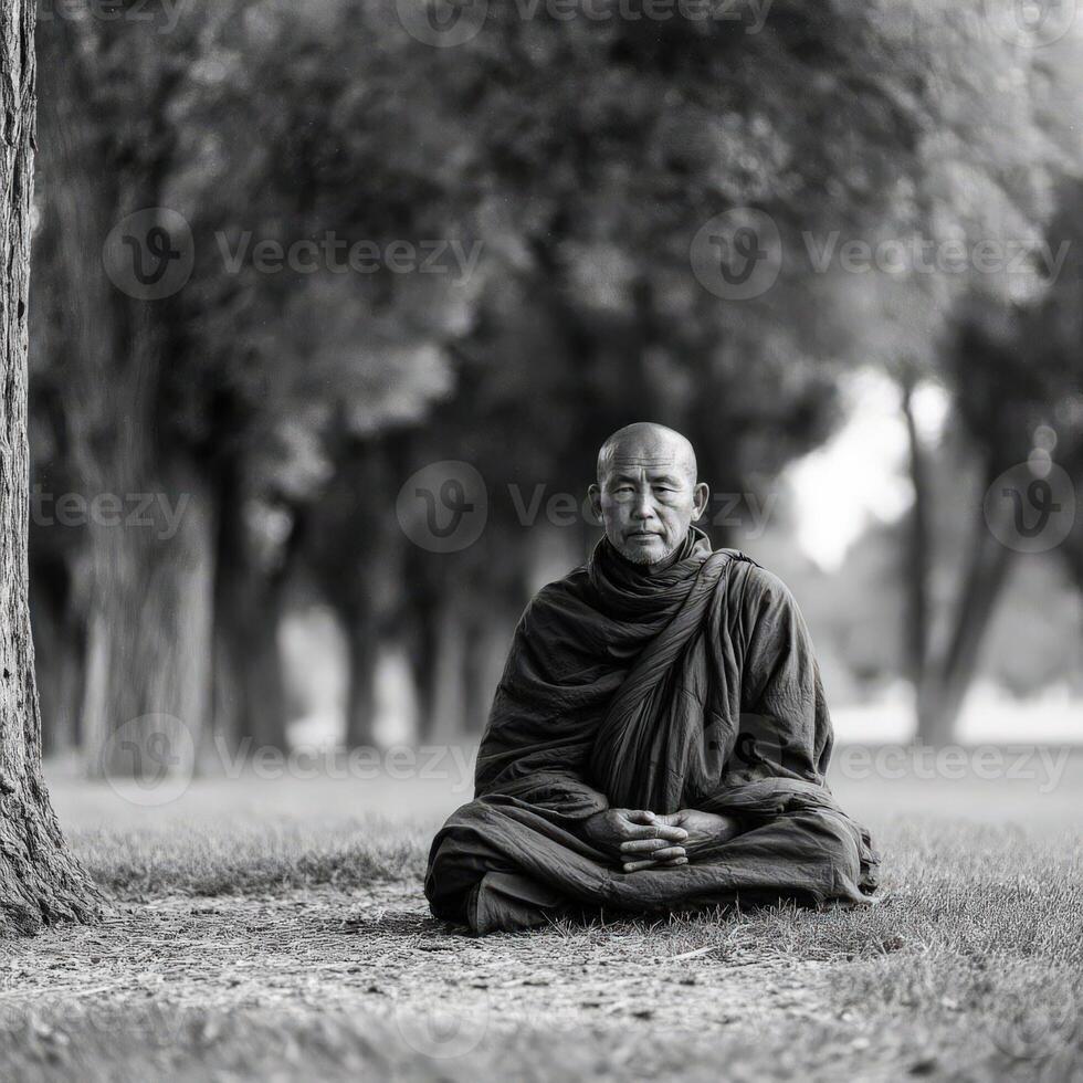 Buddhist monk in meditation sits on grass in park in grayscale photo