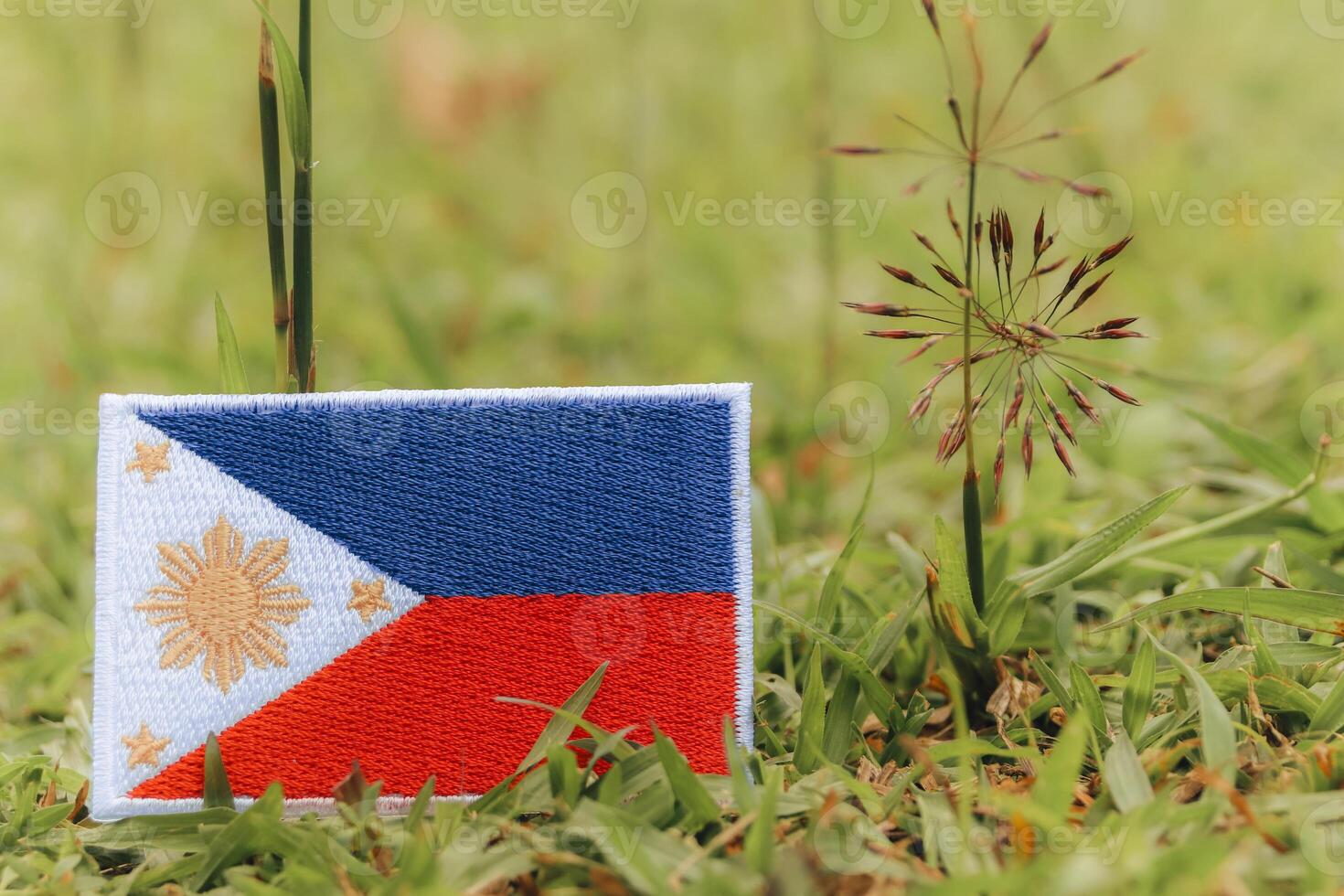 Eco friendly Philippine flag made of thread and fabric on green grass with wildflowers. Green concept for earth day, global warming and climate change awareness. photo