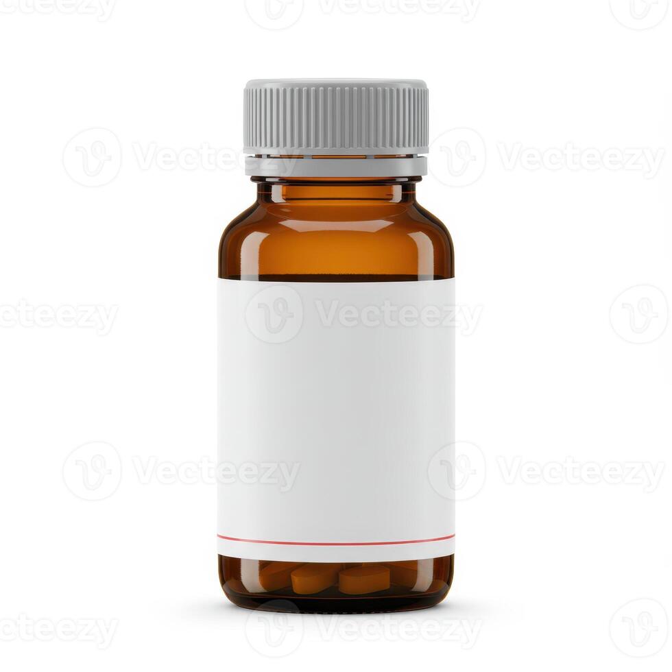 Amber glass medicine bottle with white label and pills inside photo